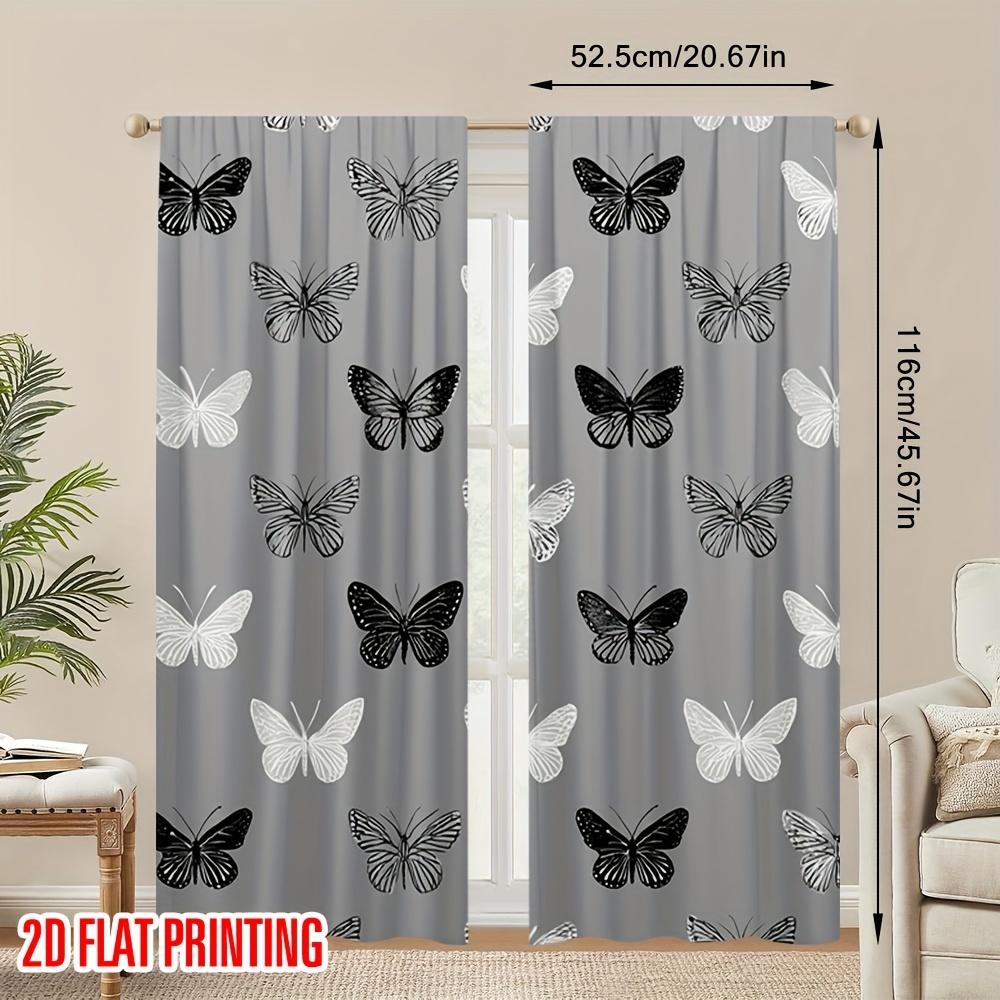 2pcs Butterfly Print Curtains Black White Pattern Modern Style Polyester Window Drapes for Bedroom Living Room