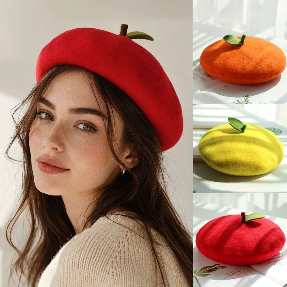 Red Apple Painter Hat Orange Shaped Knit Beret Japanese style Fruit Beret Autumn and Winter Warmth