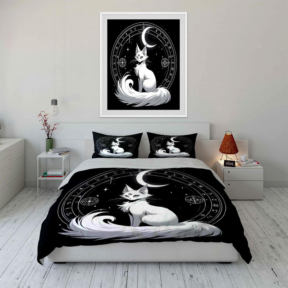 Mystic dual-moon white cat with magic circle Print Bedding Set 1 Duvet Cover 2 Pillowcases for Adult and Children Luxury Gift