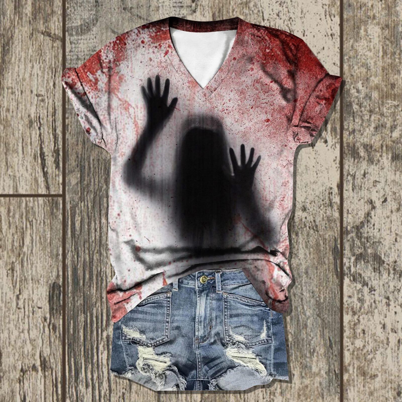

Летние футболки с принтом ужасов и крови на Хэллоуин для женщин, повседневные топы с V-образным вырезом и короткими рукавами, блузки, сорочки и блузки 3XL