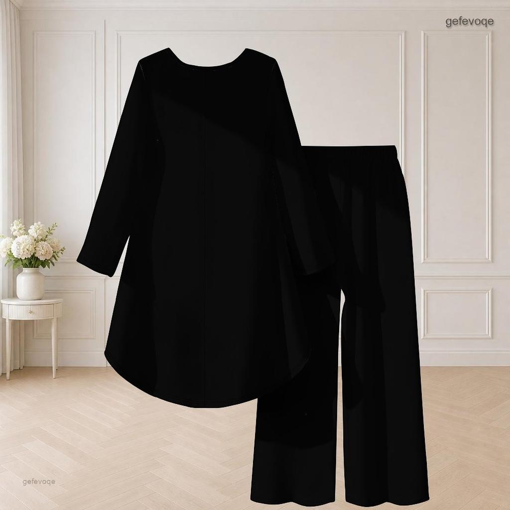Women Plus Size Two Piece Set Round Neck Long Sleeve Black White Printed High Low Top Wide Leg Pants