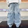School Boys Casual Cargo Jeans With Pocket Preppy Loose Style Teenage Child Denim Pants High Fashion Kids Jeans Trousers 5-14 Y