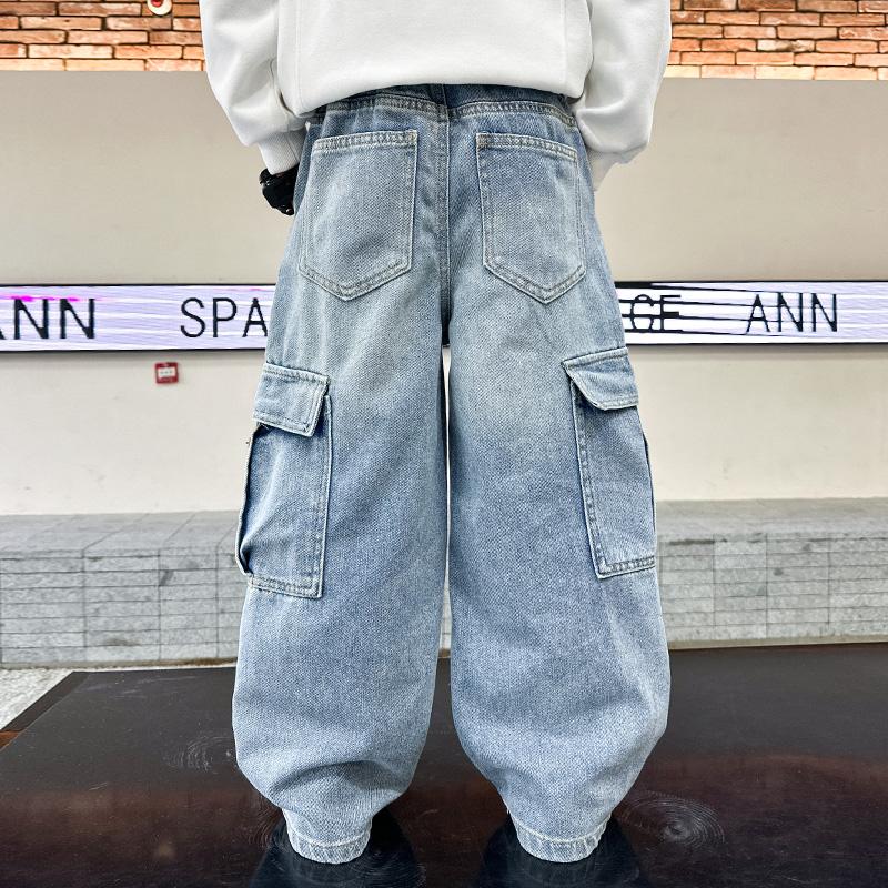 School Boys Casual Cargo Jeans With Pocket Preppy Loose Style Teenage Child Denim Pants High Fashion Kids Jeans Trousers 5-14 Y