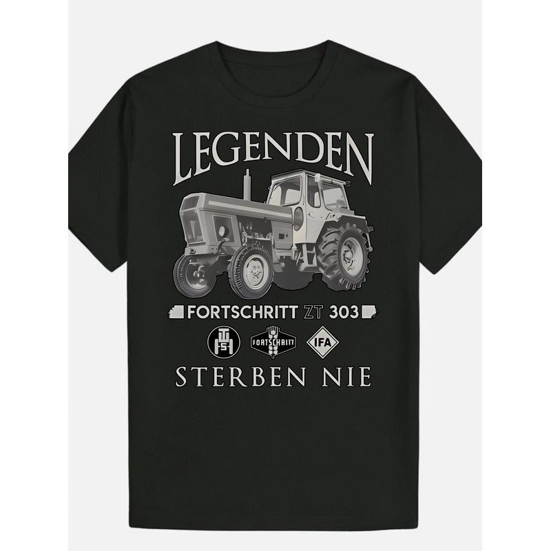Men'S Vintage Tractor Graphic T-Shirt - LEGENDEN FORTSCHRITT Z033 Design, 100% Breathable Black Tee with Tractor Print, Classic Crew Neck Short