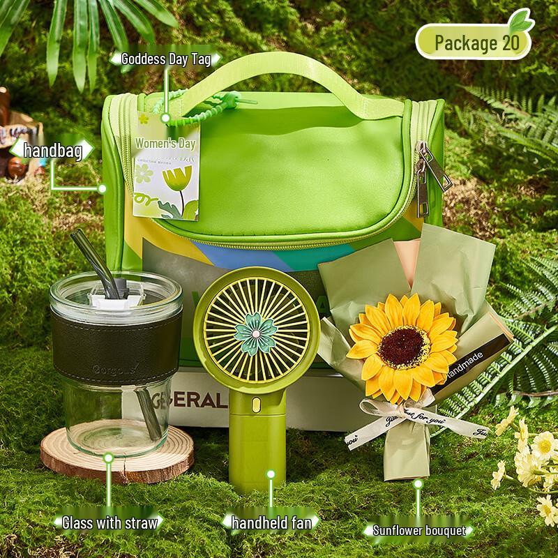Goddess Day Green Gift Set with Glass Cup, Fan & Bouquet