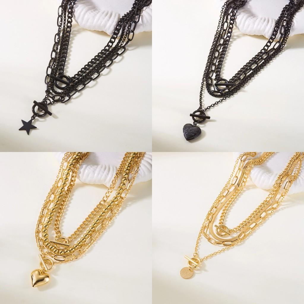 Collier Pendentif Multicouche Géométrique Cœur Étoile Pièce de Monnaie pour Hommes Femmes Style Noir Or Argent