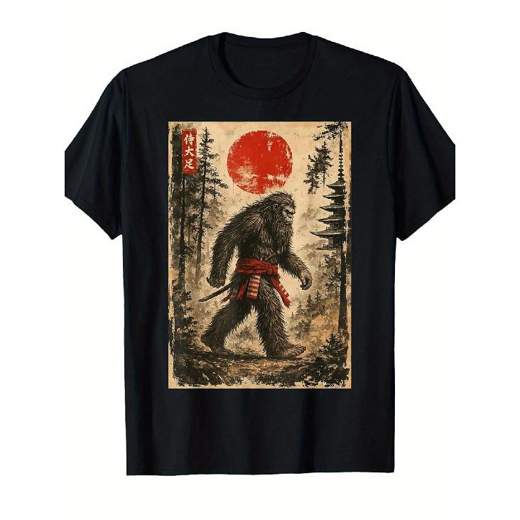 Samurai Bigfoot Japanese Vintage Graphic T-Shirt - Black Soft Tee with Red Sun, Unisex Adult Casual Shirt for Men & Women, Cryptozoology Fans -