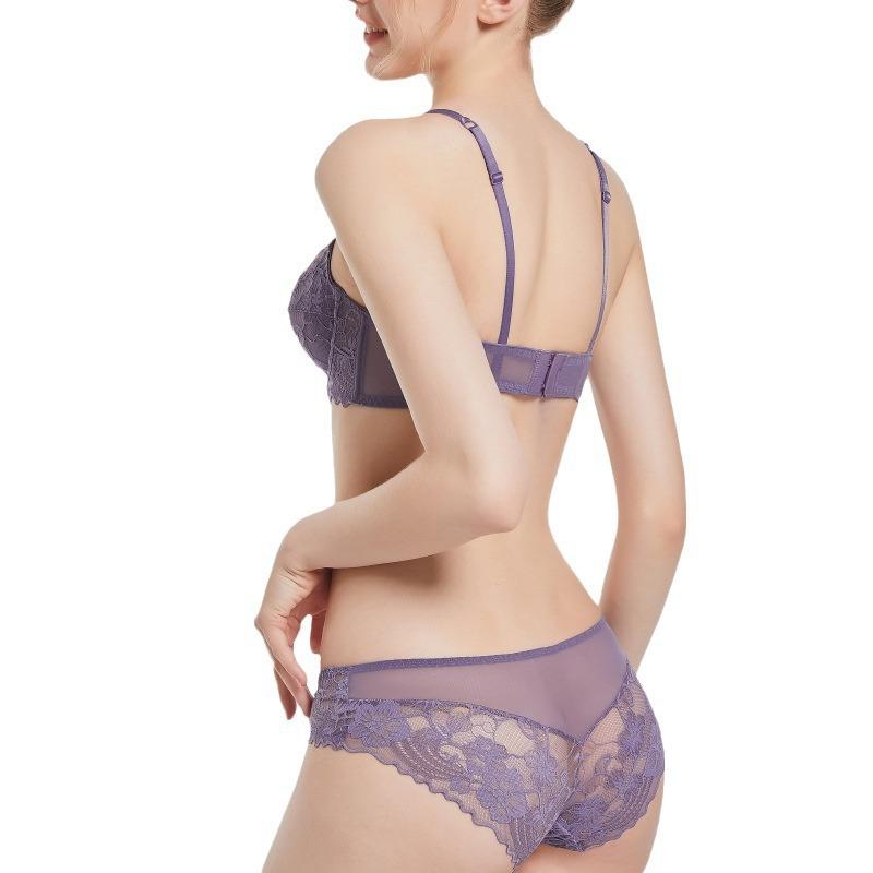 Damen Sommer Sexy Spitzen-Dessous-Set im französischen Stil, dünne Körbchen, geraffte Push-Up-Unterwäsche, Minimizer-BH und Höschen-Set
