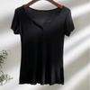 T-shirt da Donna Bianca Scollo a V Orlo Sfilacciato Manica Corta Aderente Morbida Elastica Casual Base