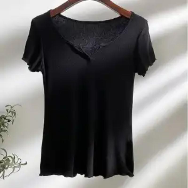 T-shirt da Donna Bianca Scollo a V Orlo Sfilacciato Manica Corta Aderente Morbida Elastica Casual Base