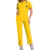 Women's Short Sleeved Solid Color High Collar Pocket Top Pants Work Clothes Two Piece Set