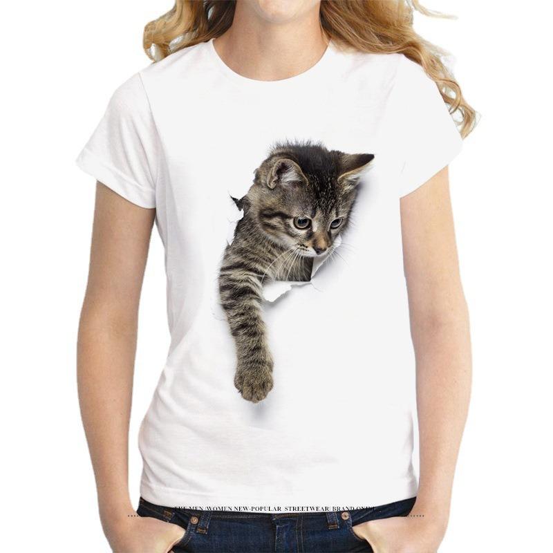 Cat Printed Oversized Loose Casual Cotton Round Neck Short Sleeved Shirt with Worn Clothes T-Shirts Women’s