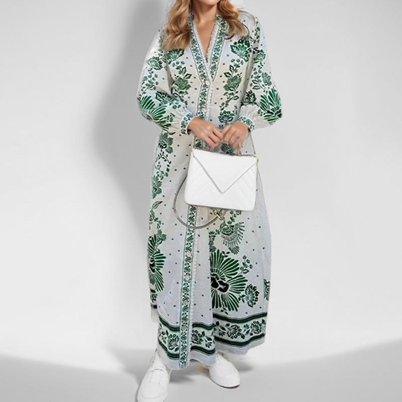 LYRIA European American Women's Fashion Long Printed Lantern Sleeve Dress, V-Neck, Waist-Tied, Turn-Down Collar, Long Sleeve