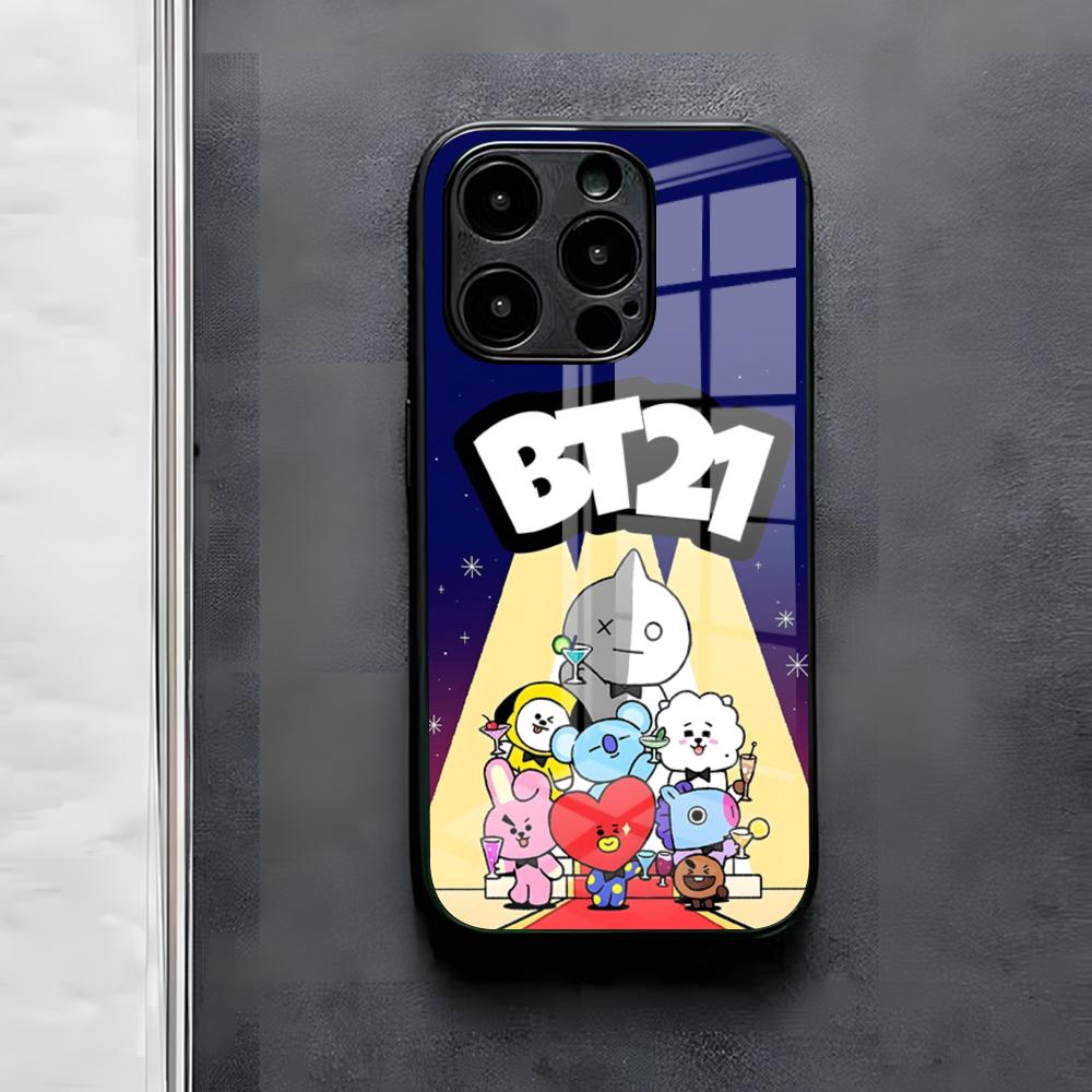 Cute Cartoon B-BT21s Phone Case For IPhone 17 Air 16 E Pro Max 15 14 13 Mini 12 Pro 11 Max Plus Black Glass Cover