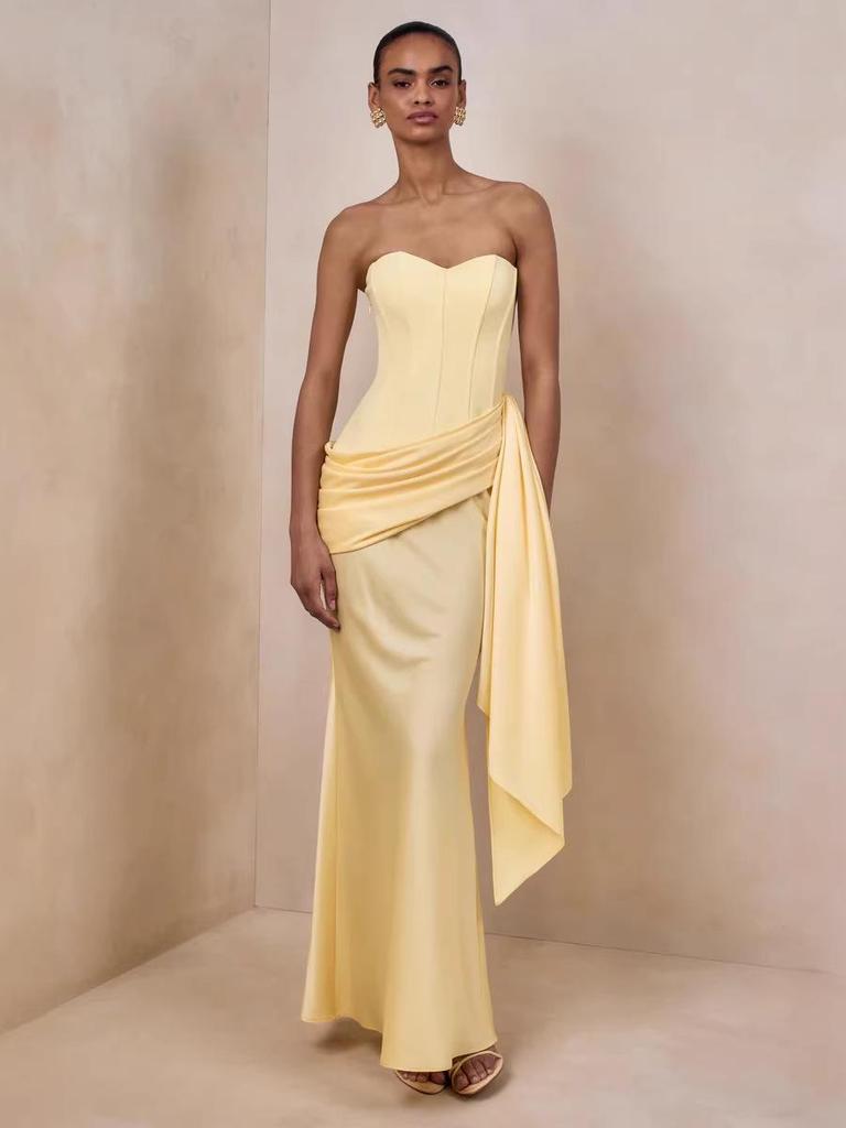 2026 Elegant Strapless Waist-Cinching Formal Dress - European & American Style, Solid Color, Irregular Design