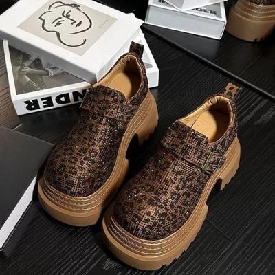 2025 Damen Plateau Loafer Schuhe Leopardenmuster Strass Koreanischer Stil Frühling und Herbst Dicke Sohle Höhenerhöhungsschuhe