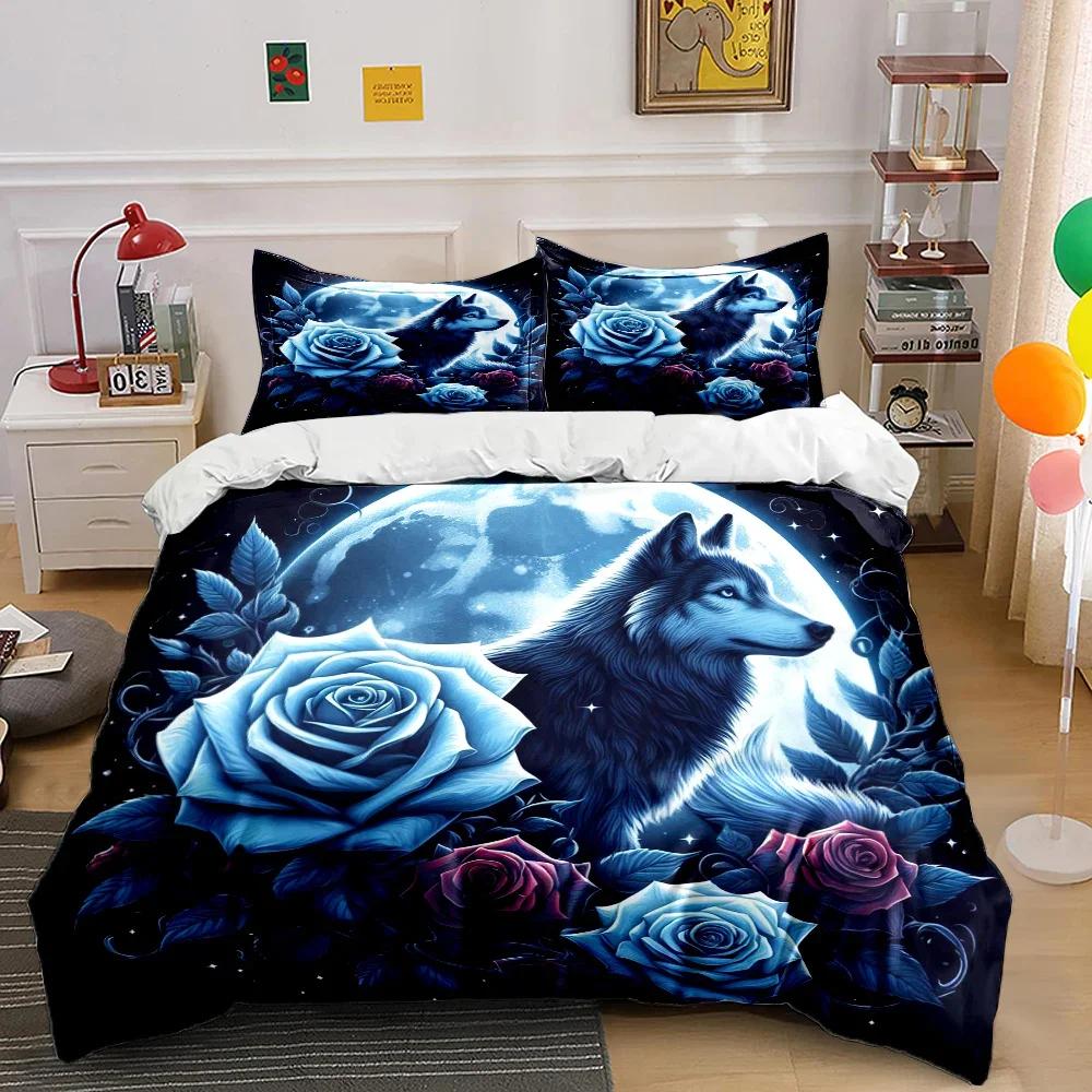 New Arrival! Wolf and Rose Print Bedding Set for Wolf Totem Lovers 1 Quilt Cover 2 Pillowcases Adult and Kids Bedding Set Gifts