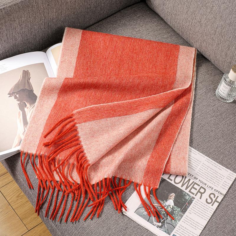 Autumn and winter 100wool wool scarf women's double-sided two-color striped scarf high-end fringed shawl scarf