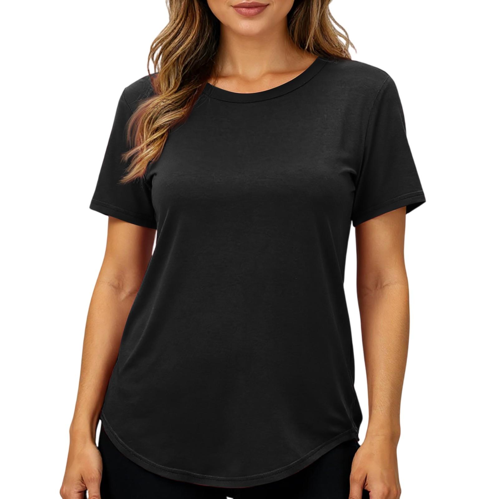 

Women s Solid Color Round Neck Short Sleeved Top L чорний