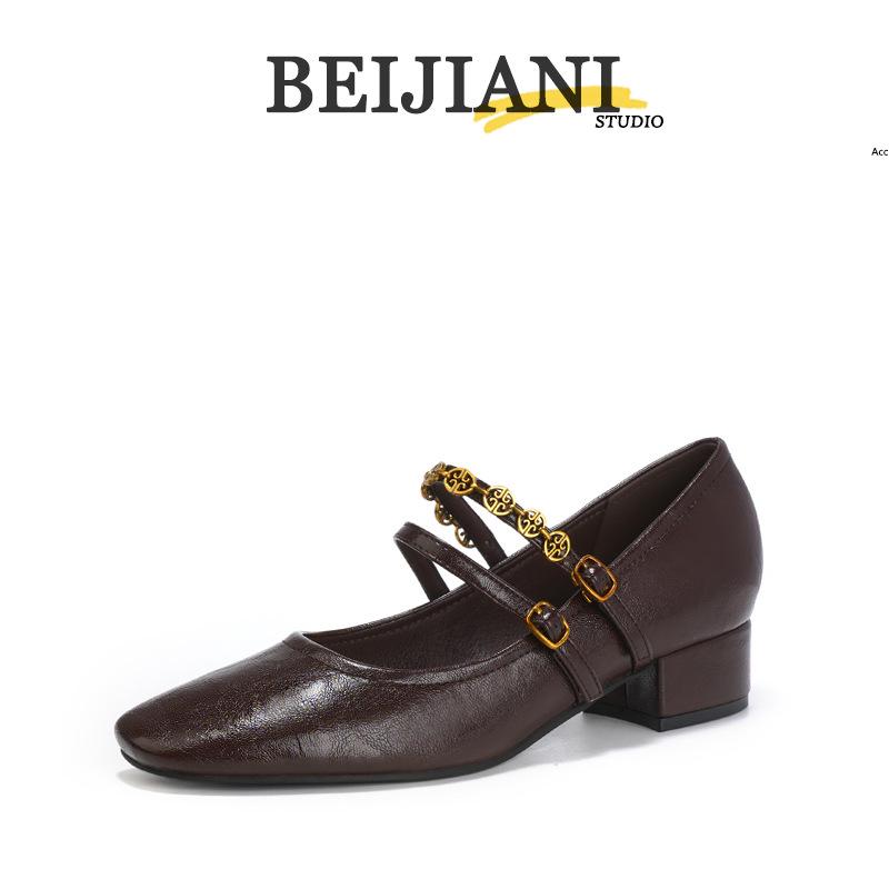 BEIJIANI 5318-6 Retro French Soft Mary Jane Shoes - Women’s Chunky Heel, Square Toe