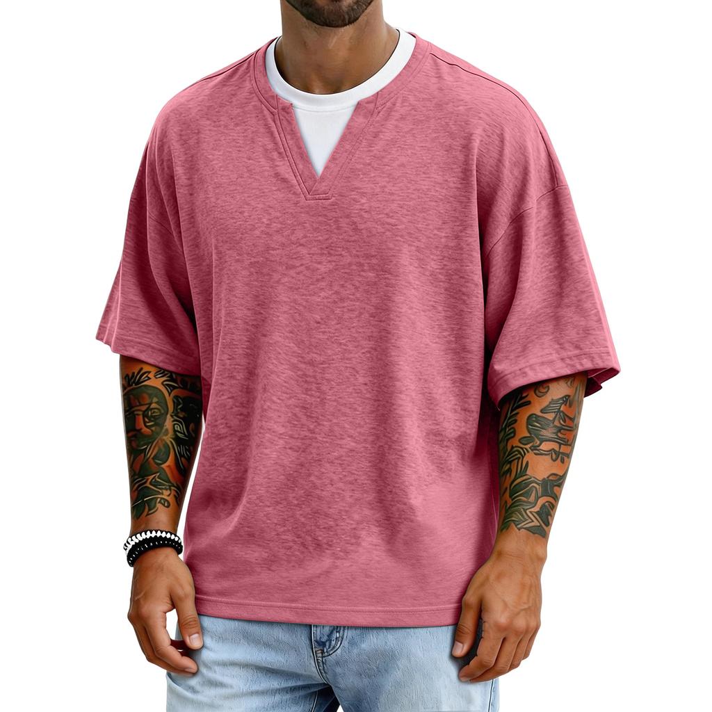 Men's Casual Color V-neck Fake Two-piece Breathable Short-sleeved Top
