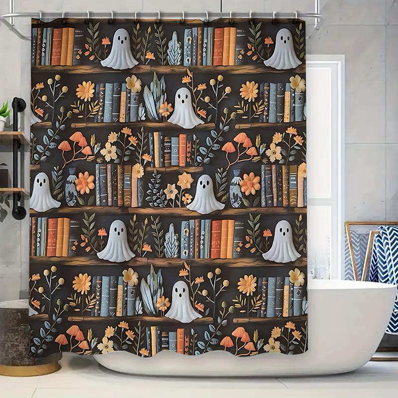Spooky Halloween Shower Curtain With Ghost And Bookshelf Design - Perfect For A Fun And Festive Bathroom Decor Easy-Clean