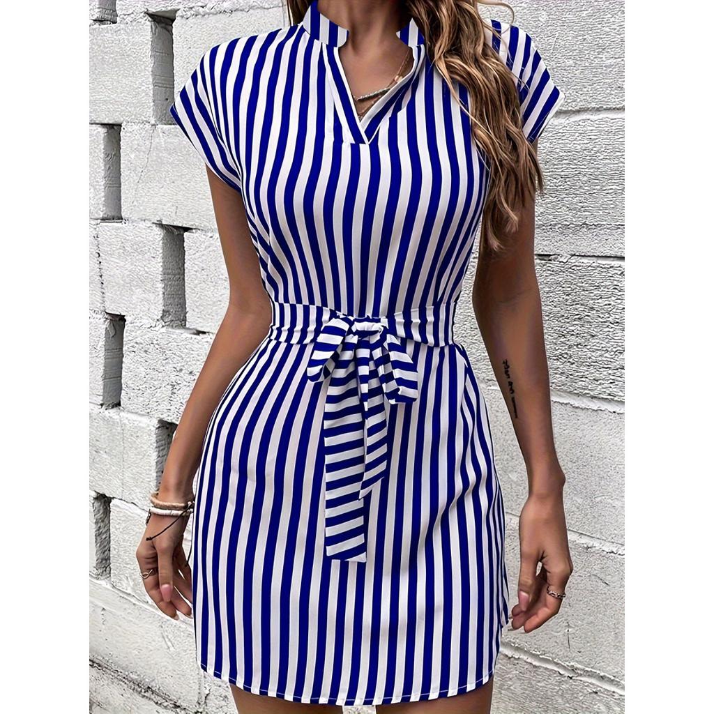 Women's Dolman Sleeve V-neck Striped Lace-up Short Dress