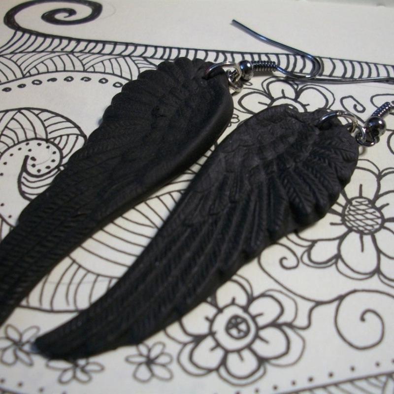 Gothic Matte Black Angel Wings Dangle Earrings for Women