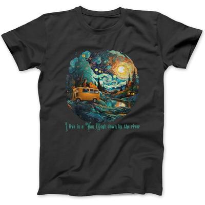 Ich lebe in einem Van Gogh Am Fluss T-Shirt Sweatshirt Hoodie Tanktop für Männer Frauen Kinder Schwarz