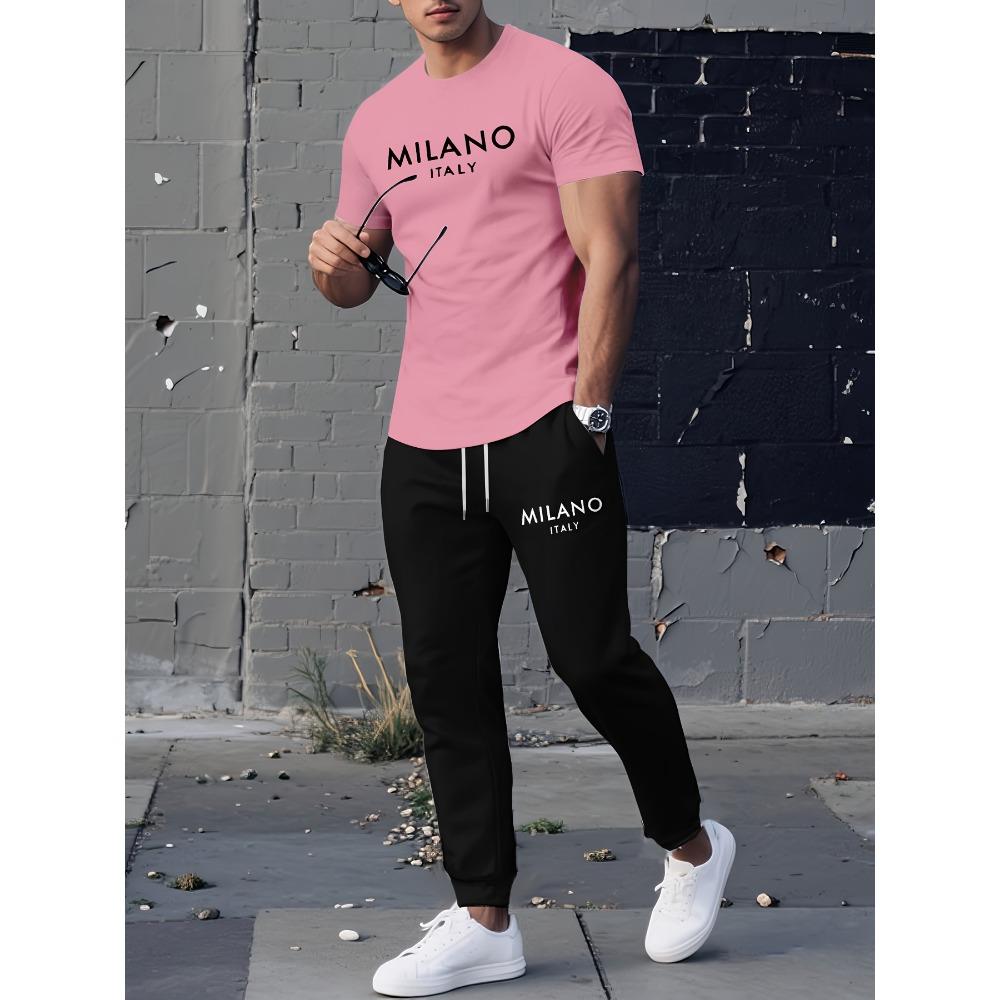 

Men S Summer Casual Two-Piece Set Featuring a Easy Milan Letter Print Short Sleeve Top And Tapered Jogger Pants for an Effortlessly Trendy Look XXL
