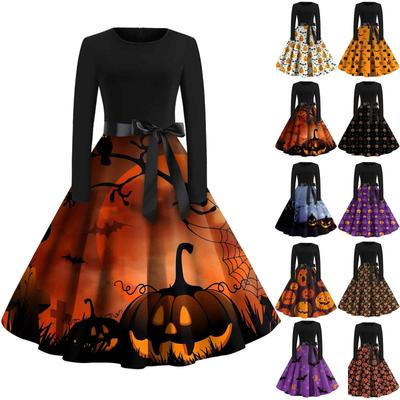 Damenmode-Rundhalsausschnitt, lässig, schmal geschnitten, Halloween-bedrucktes Langarmkleid