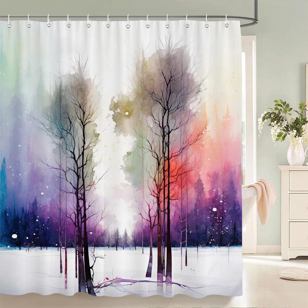 3d Watercolor Tree Shower Curtain Plant Floral Pattern Printed Fabric Waterproof Polyester Bathroom Curtain Decor With Hooks