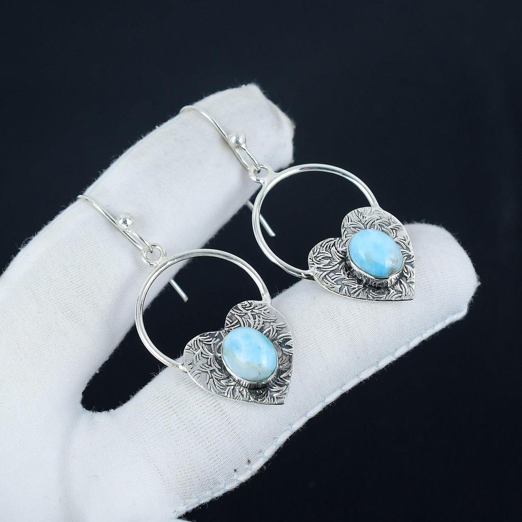 Natural Larimar Gemstone Heart Shape Earrings, 925 Sterling Silver Earring, Handmade Boho Silver Jewelry Dangle Earrings, Engagement Gift