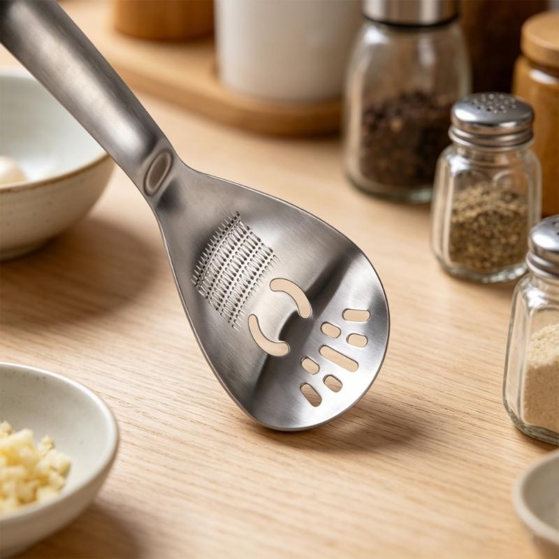 Multifunktionale Edelstahl-Küchenlöffel mit ergonomischem Griff Eiertrenner Kartoffelstampfer Schaumlöffel Sieb und Flaschenöffner