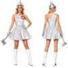 Women Tin Costume One Shoulder Sleeveless Ruched Tulle Lining Metallic Belted Dress with Hat Axe Gloves Heart Clock Brooch for Halloween Cosplay