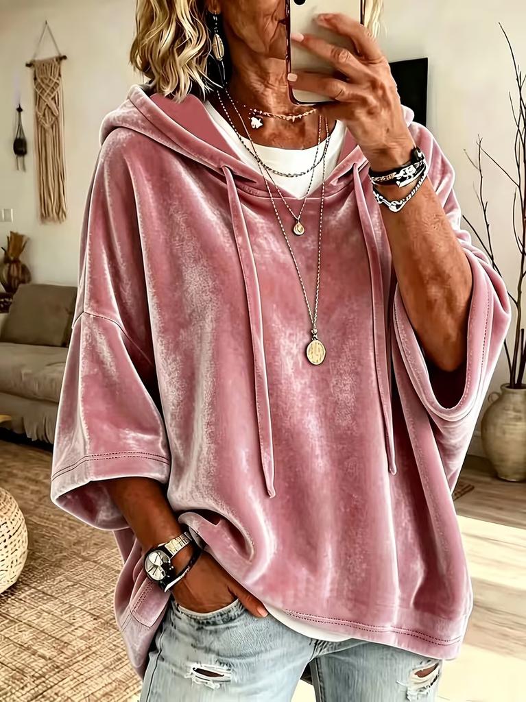2026 European and American Women's New Hooded Drawstring Sweatshirt, Gold Velvet Layered with a Loose Bat Shirt