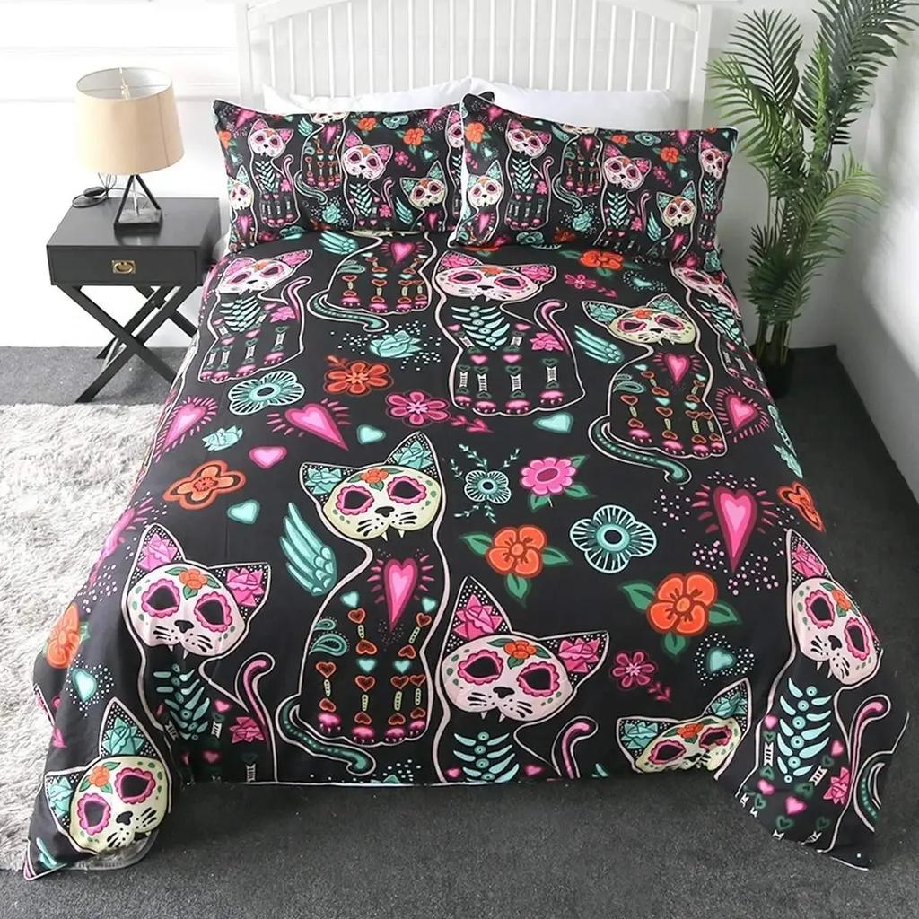 Witch Black Cat Duvet Cover Set Full Vintage Gothic Cat Sitting on Moon Bedding Set for Halloween Decor
