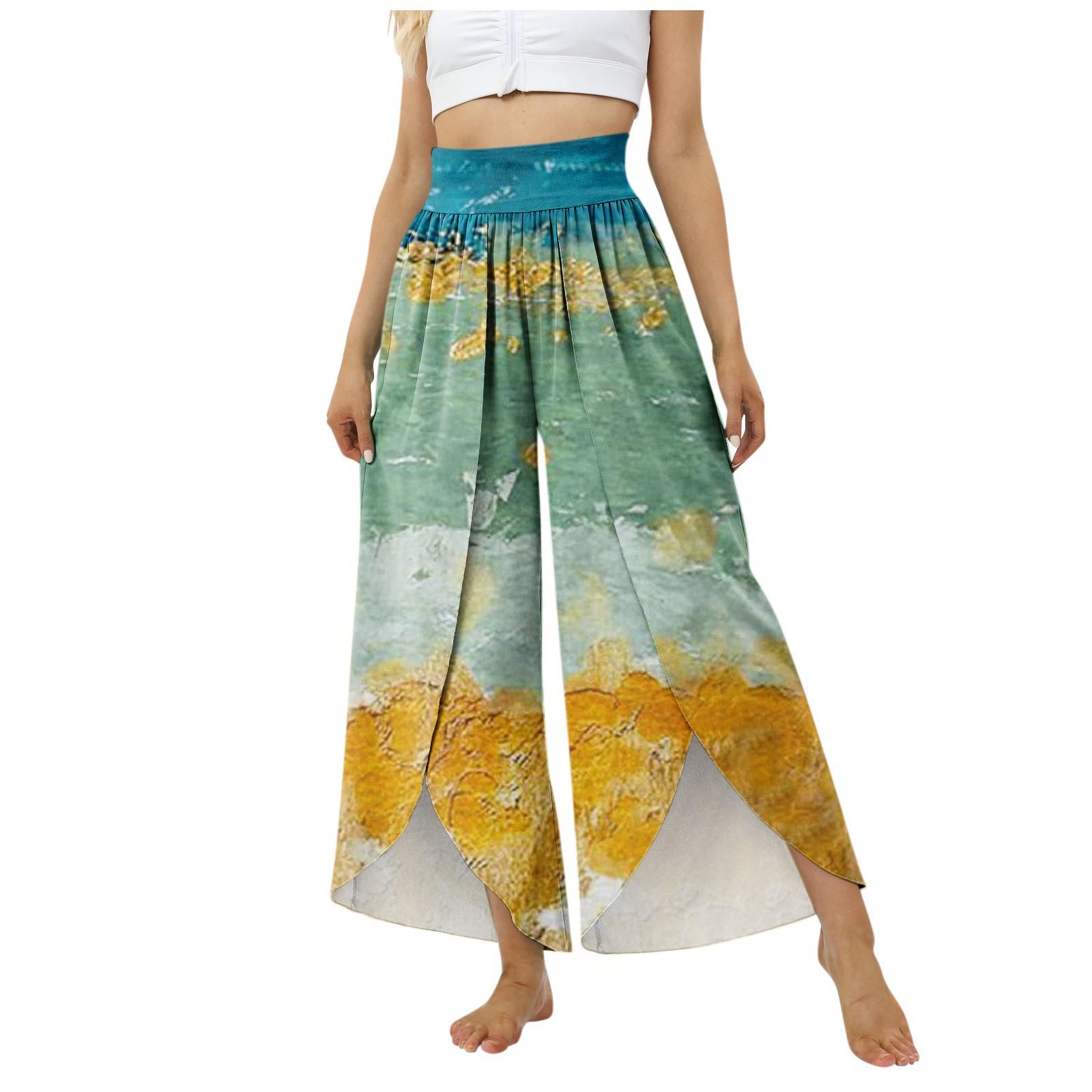 

Женские повседневные широкие брюки с высокой талией и эластичным поясом с принтом, брюки с разрезом по краю и без карманов XL разноцветный