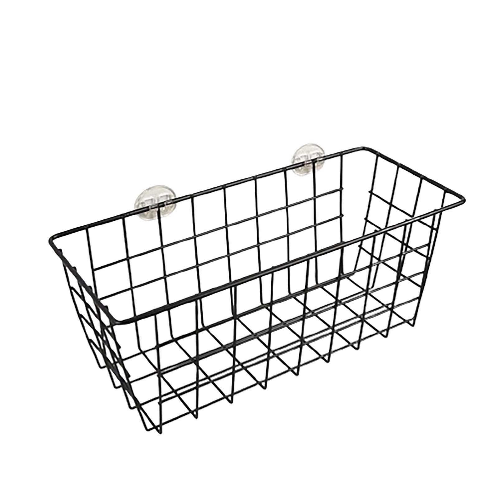 

Wall Mounted Wire Storage Basket with Suction Cups, Metal Organizer Bin for Bathroom, Kitchen, Office, Black, Durable and Easy to Install