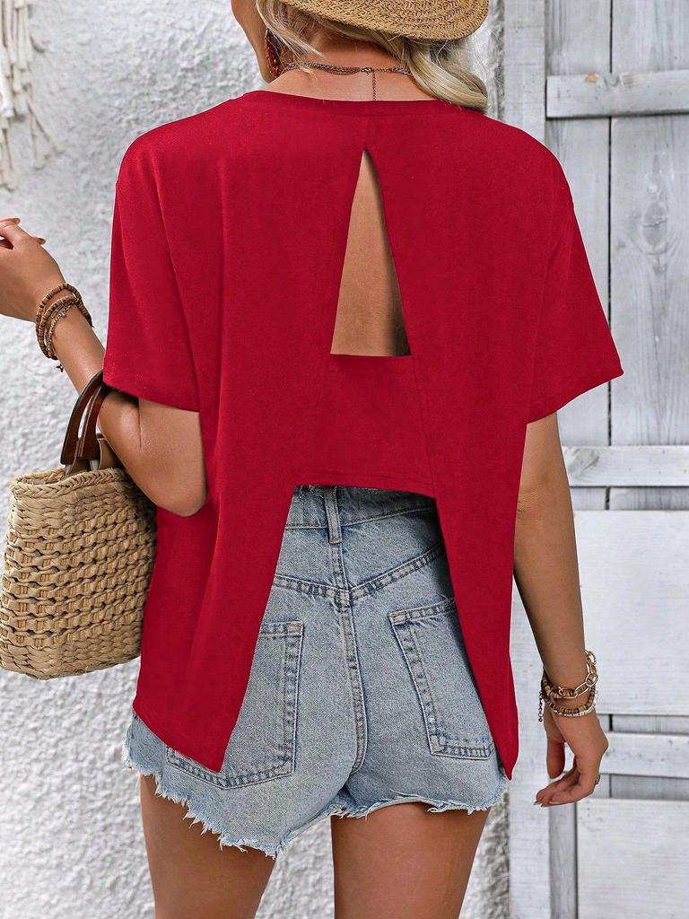 Women's Solid Color Round Neck Short Sleeve Casual T-shirt with Back Slit