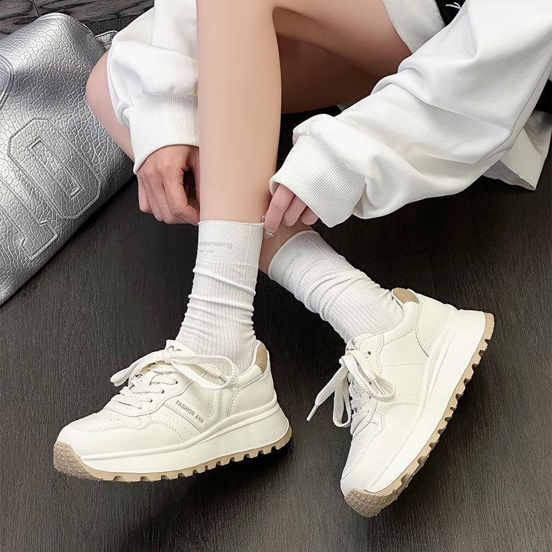 Muffin Platform White Shoes Women's Spring New Casual Sports Waffle Shoes Leather Breathable