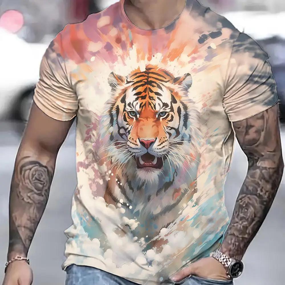Tiger For Men 3D Animal 3D Print Summer Short Sleeved Pullover Oversized Top Casual