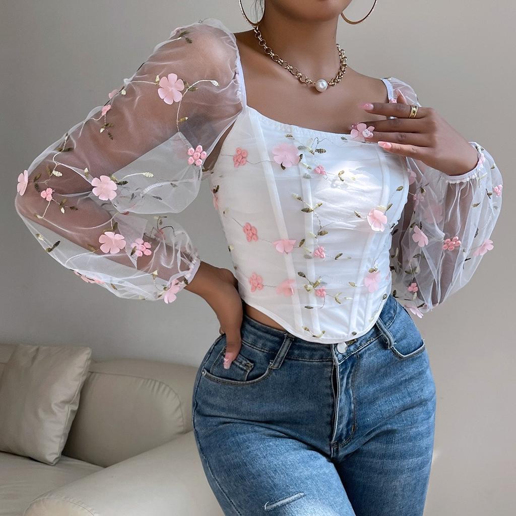 Women's Long-sleeved Square-neck Shirt With Straps And Waist-baring Diamond-shaped Herringbone Top
