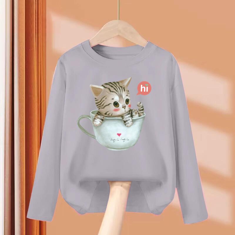 Kid Long Sleeves T-Shirt Fashionable Creativity Cartoon Kitty Cute Cat Print Autumn Casual Sports Versatile Comfortable Loose T-Shirt