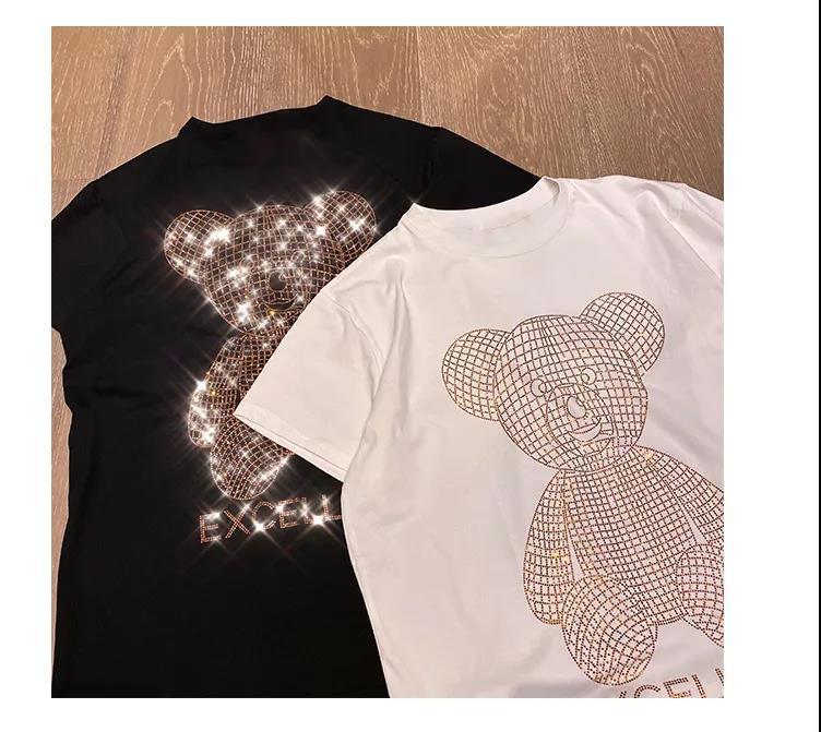 Hip Hop Casual T-shirt for Women with Shiny Gold Diamond Bear Print and Loose Short Sleeves