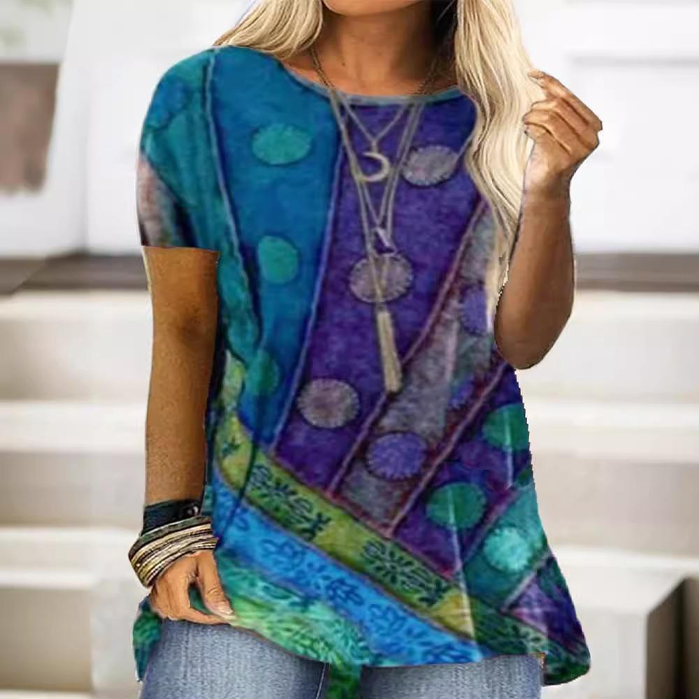 Women s Plus Size Summer Women s Short Sleeve Round Neck Printed Irregular Pattern Loose Comfortable Casual T-Shirt S