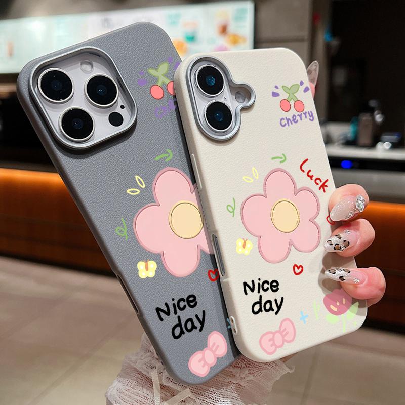 Cute Carton Flower Pattern Leather Texture Slim Soft Case For iPhone 16 Pro Max 15 14 Pro 13 12 11 Matte Lens Protection Shockproof TPU Phone Cover