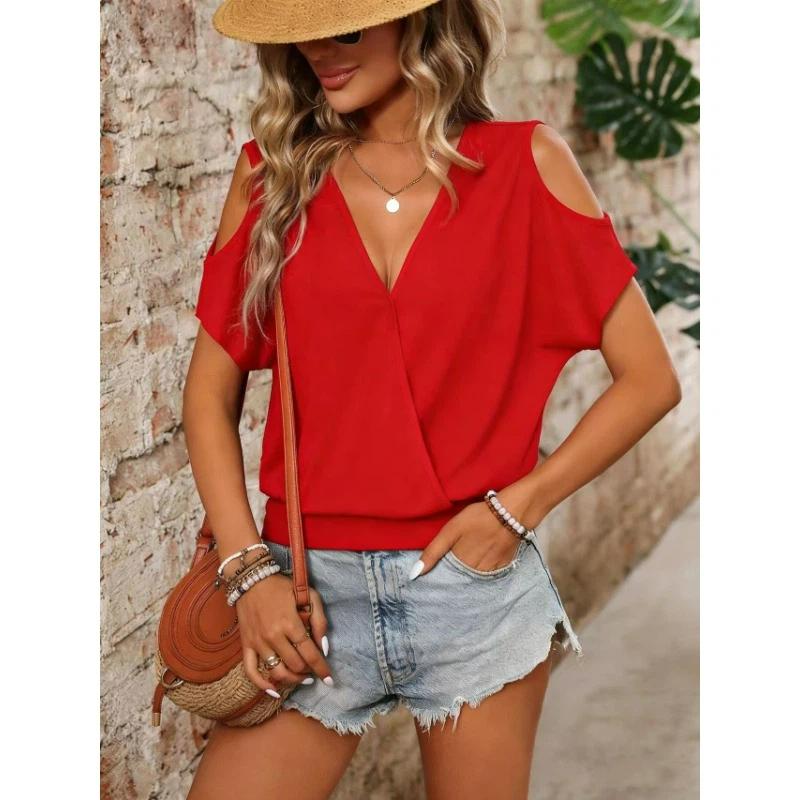 New summer off-shoulder V-neck crossover short-sleeved T-shirt loose casual comfortable solid color top for women