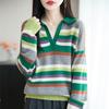 Women's Retro Striped Cashmere Wool Polo Sweater - Soft Long Sleeve Knitwear