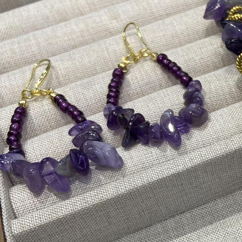 Holiday Wind Natural Irregular Purple Crystal Gravel Necklace Women'S Purple Beaded Ear Hook Set Jewelry Batch